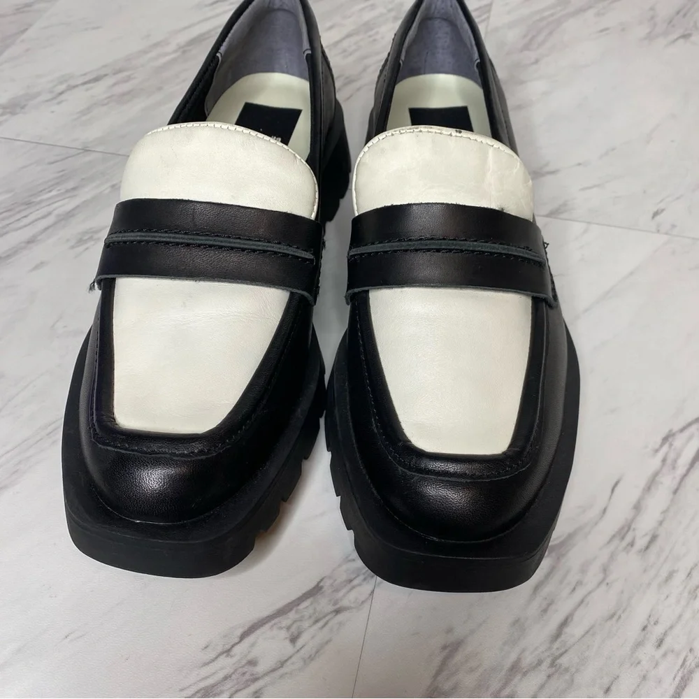 Dolce Vita Elias Black White Leather Square Toe Loafer 6 1/2